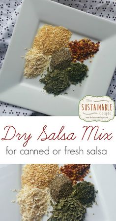 dry salsa mix for canned or fresh salsa on a white plate with text overlay