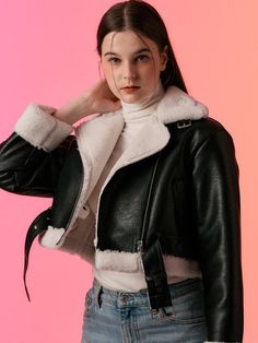 Composition : ARTIFICIAL LEATHER 100%, POLYESTER 100%Color : Black_White_ONE SIZECountry of Origin : KOREA Cute Cropped Jackets, Edgy White Leather Jacket For Winter, White Edgy Leather Jacket For Winter, Shearling Jacket, Artificial Leather, Fashion Styles, Biker Jacket, Composition, Jackets & Coats