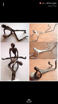 four different images of metal figures on wooden floors