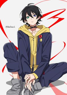 an anime character sitting on the ground with his hands in his pockets and wearing a yellow hoodie