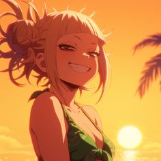 a woman with blonde hair standing in front of palm trees and the sun behind her