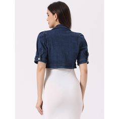 A women's crop denim cardigan is a stylish addition to your wardrobe, perfect for adding a touch of casual chic to any outfit. The short sleeves and lapel collar add a unique twist to the classic denim jacket, making it suitable for warmer weather or layering. This cropped jean jacket pairs effortlessly with dresses, skirts, or high-waisted pants, allowing you to create various fashionable looks. Crafted from quality materials, this stretchy jean jacket is designed to withstand everyday wear whi Denim Cardigan, Demin Jacket, Jacket Making, Crop Jean Jacket, Classic Denim Jacket, Stretchy Jeans, Denim Short, Denim Jean Jacket, Womens Clothing Sizes