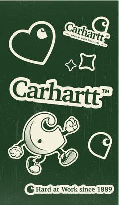 an advertisement for carnart's hard at work since 1989, with stickers on it