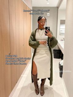 Boot And Long Skirt Outfits, Green White And Brown Outfit, Fall Fashion Going Out, Green Dress Brown Boots, Black Women Thanksgiving Outfit, Chill Dress Outfit, How To Style Jumper Dress, Outfit With Green Boots, Black Women Autumn Outfits