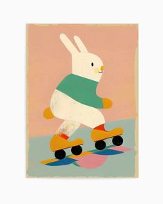 a painting of a white rabbit riding a skateboard