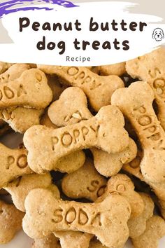 peanut butter dog treats on a white plate with the words'puppy love'written in small hearts