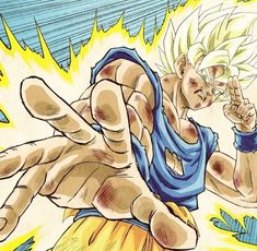 a drawing of gohan from dragon ball is shown in this image with yellow and blue colors