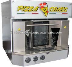 the pizza oven is on display in front of a white background with yellow and red lettering