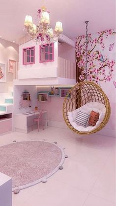 a bedroom with pink and white decor in the room is furnished with a swing chair