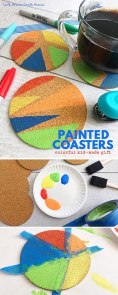 some paper plates with paint and scissors on them