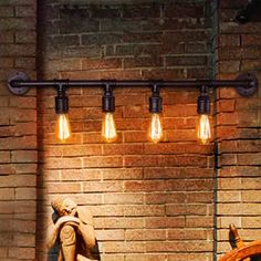 the light bulbs are hanging from the brick wall