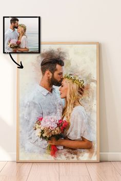 an image of a man and woman with flowers in their hair is hanging on the wall