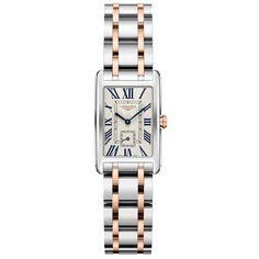 Longines DolceVita 20x32MM Red PVD and Steel Flinque Dial Quartz Watch L52555717 Luxury Silver Rectangular Chronograph Watch, Military Jewelry, Rose Gold Crown, Jewelry Education, Rose Gold Case, Gold Crown, Two Tone Watch, Inception, White Dial