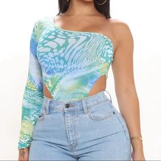 Fashion Nova Spring Light Blue Stretch Bodysuit, Casual Blue Bodysuit For Night Out, Trendy Blue Bodysuit For Night Out, Blue Bodysuit For Summer Parties, Blue Summer Bodysuit For Parties, Blue One Shoulder Top For Night Out, Blue Fitted One-shoulder Top, Blue One-piece Bodysuit For Spring, White Long Sleeve Bodysuit