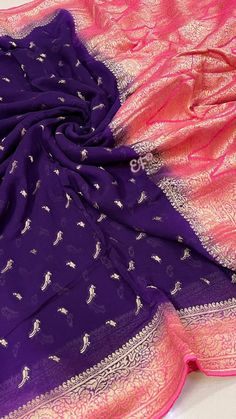 Purple Color Saree, Party Purple Saree With Pallu, Latest Trendy Sarees, Elegant Purple Saree With Motifs, Purple Georgette Saree With Pallu, Purple Georgette Saree, Pure Georgette Sarees, Cutwork Blouse Designs