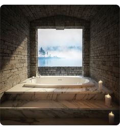 a bath tub sitting next to a window in a stone walled room with candles on the floor