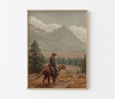 a painting of a man riding on the back of a horse in front of mountains