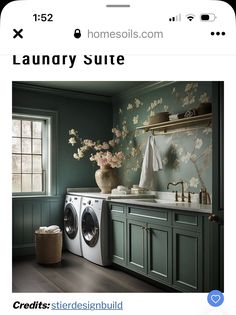 an image of a laundry suite with flowers on the wall and washer in the sink