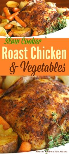 two pictures of roast chicken and vegetables with text overlay