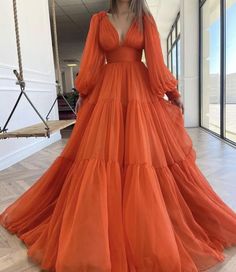 Orange Tulle Dress, Beauty Pageant Dresses, Rustic Dresses, Orange Chiffon, Floor Length Prom Dresses, Long Sleeve Prom, Evening Party Gowns, Prom Dresses Modest, Beauty Dress