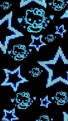 the hello kitty wallpaper is blue and has hearts, stars, and cats on it