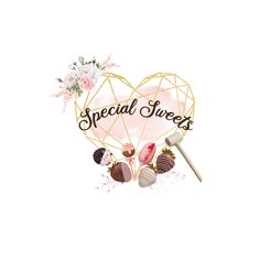 a heart shaped sign that says special sweets with flowers and chocolates in it on a white background