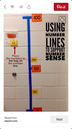 a white wall with blue and yellow numbered lines on it, next to the words using number lines to support number sense