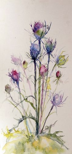 a watercolor painting of purple flowers on a white background