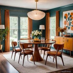 an elegant dining room with blue walls and wooden furniture, along with a chandelier hanging from the ceiling