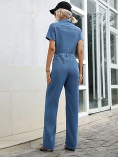 F00238750-103 Non-stretch Casual Denim Jumpsuit, Casual Non-stretch Denim Jumpsuit, Casual Short Sleeve Jumpsuits And Rompers, Solid Non-stretch Casual Denim Jumpsuit, Casual Solid Denim Jumpsuit For Spring, Spring Denim Jumpsuit In Relaxed Fit, Casual Denim Jumpsuit In Solid Color With Relaxed Fit, Casual Fitted Solid Denim Jumpsuit, Solid Fitted Casual Denim Jumpsuit