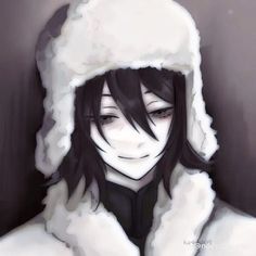 a drawing of a girl with black hair wearing a white hat and fur coat over her head