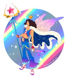 a fairy holding a wand and standing in front of a rainbow