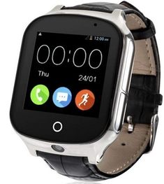 a smart watch with leather band on the front and wristband, showing icons for different functions