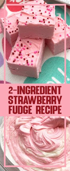 two ingredient strawberry fudge recipe on a plate with pink frosting and sprinkles