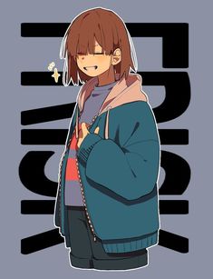 an anime character wearing a blue jacket and standing in front of a wall with black letters