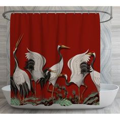 two cranes are standing next to each other in front of a red background shower curtain