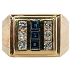 This estate ring is crafted in solid 14K Yellow gold (stamped). Three square cut natural blue Sapphires measure 3mm each (appr. .45 carat). Six diamonds total .42 carat of SI1 to I1 clarity and H color. The top of the ring measures 13mm North-South. Size 11.25 (sizable). The ring weighs 8.6 grams. Good estate condition. Rectangular Yellow Gold Rings Channel Set, Yellow Gold Rectangular Channel Set Rings, Rectangular Channel Set Yellow Gold Ring, Rectangular Channel Set Fine Jewelry Rings, Rectangular Sapphire Ring In 14k Gold For Anniversary, 14k Gold Rectangular Brilliant Cut Ring, Diamond Sapphire Ring, Ring Geometric, Mens Band Rings