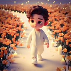 an animated character is walking through a field of flowers with candles in the foreground