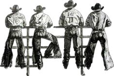 three men in cowboy hats are sitting on a fence with their backs to each other