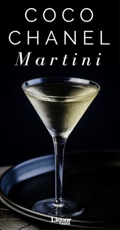 the cover of coco chanel martini on a black plate with a blue rim and white lettering