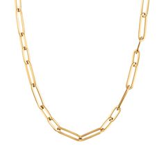 Beautifully crafted in 18k yellow gold, this Designer Gold collection necklace from Roberto Coin will add just the right hint of chic to any ensemble. This oval paperclip link chain measures 18 inches in length and has a lobster clasp closure. Roberto Coin signs each one of his pieces with a small ruby casted inside the piece, in direct contact with the skin of the one who wears it. This magical signature, surrounded by an antique halo of legend, represents the message of good wishes that Robert Luxury Yellow Gold Paperclip Chain Necklace, Modern Yellow Gold Cable Chain Necklace, Yellow Gold Paperclip Chain Necklace With Solid Link, Yellow Gold Paperclip Chain Necklace With Oval Links, Yellow Gold Oval Link Chain Necklace With Paperclip Chain, Modern Yellow Gold Oval Link Chain Necklace, Classic Oval Paperclip Chain Necklace, Modern Oval Gold Chain Necklace, Modern Gold Chain Necklace