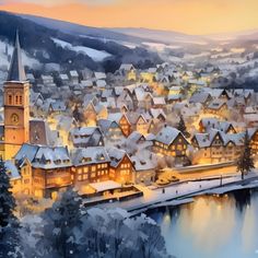 a painting of a snowy town by the water at night with lights on and buildings lit up