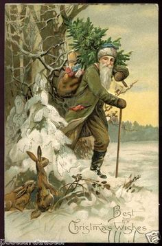 an old fashioned christmas card shows a man carrying a tree in the snow with two rabbits nearby