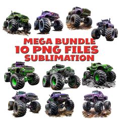 the mega bundle includes monster trucks and other vehicles, including four large tires with green rims