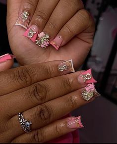 Pink Glitter Nails, Acrylic Nail Set, Hard Nails, Duck Nails, Girly Acrylic Nails, French Tip Acrylic Nails, Cute Acrylic Nail Designs, Short Square Acrylic Nails, Really Cute Nails