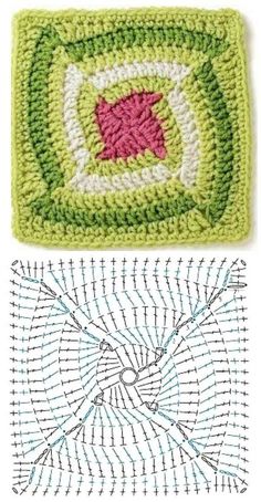 two crocheted squares with different designs on them