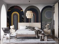 a bedroom with an art deco theme on the wall and bed in the foreground