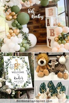 a baby shower with balloons, jungle animals and greenery