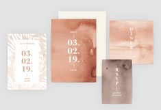 the wedding stationery is laid out on top of each other, with different font and numbers