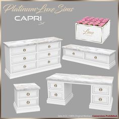 the furniture is white and has pink roses in it's drawer, drawers, and chest